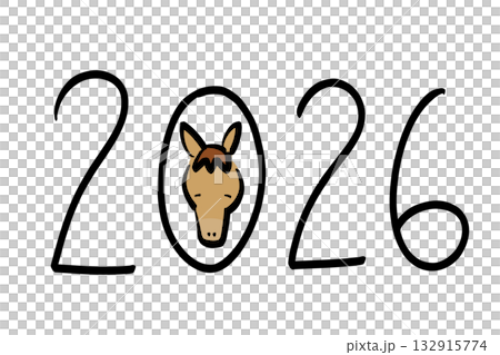 A cute hand-drawn illustration of the year 2026 and a horse's face (Variation 5) 132915774