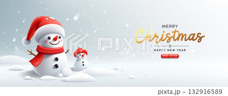 Snowman on snowstorm, merry christmas festival banner design on white snow background 132916589