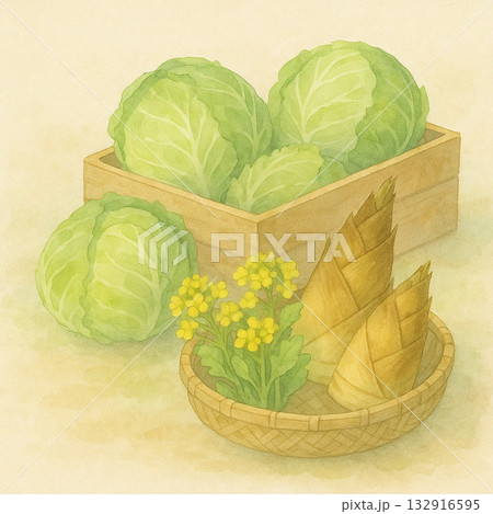 春の野菜シリーズ:木箱に積まれた春の野菜の市場風イラスト 春の野菜シリーズ:木箱に積まれた春の野菜の市場風イラスト 132916595