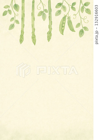 春の野菜シリーズ：アスパラガスと豆のツルを描いたトップ型背景 132916603