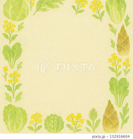 春の野菜シリーズ：春野菜で縁取られた和風フレーム背景 132916604