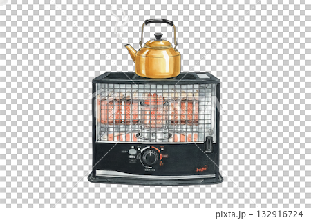 Watercolor illustration of a kerosene stove with a kettle on it 132916724