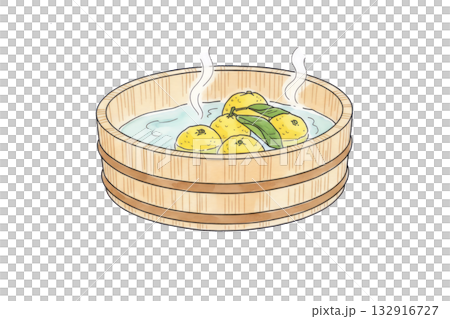 木桶に浮かぶゆず湯の水彩風イラスト 木桶に浮かぶゆず湯の水彩風イラスト 132916727