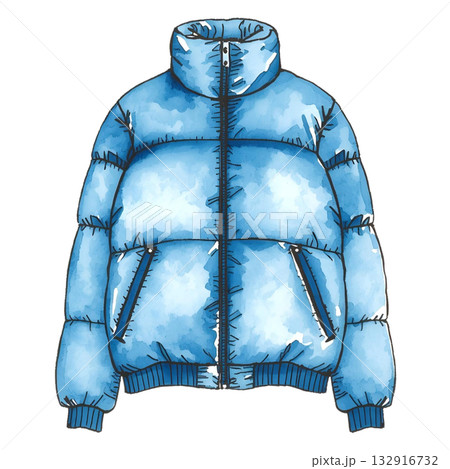 青いダウンジャケットの水彩風イラスト 132916732