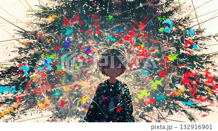 クリスマスツリーのイルミネーションの前に立つ女子高生