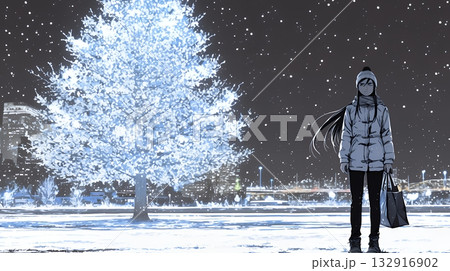 公園の立木が雪をまとってクリスマスツリーみたい