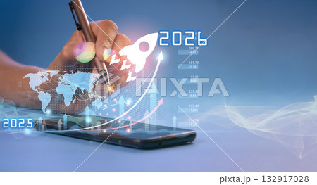 Businessman presenting 2026 digital goals, rocket launch and arrow pointing up, futuristic concept of business growth, digital strategy and vision planning. Businessman presenting 2026 digital goals, rocket launch and arrow pointing up, futuristic concept of business growth, digital strategy and vision planning. 132917028