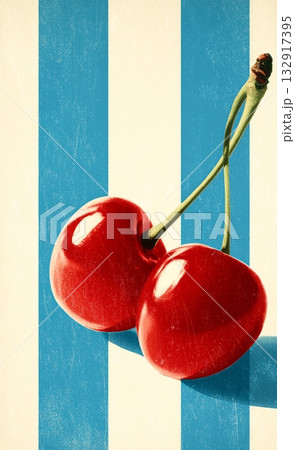 Fresh Cherries Against Blue and White Striped Background Create a Vibrant Composition Fresh Cherries Against Blue and White Striped Background Create a Vibrant Composition 132917395