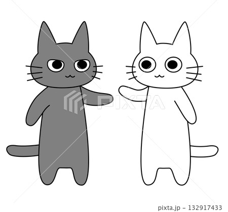 白と黒の猫が並んで挨拶する可愛いキャラクター 132917433