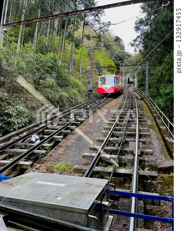 近鉄　西信貴鋼索線　ケーブルカー7 ずいうん　が降りてくる鋼索線　の離合線 132917455