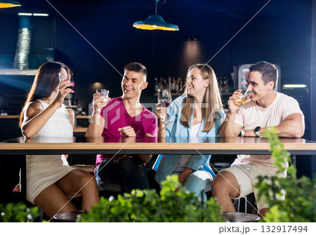 Cheerful friends in the pub. Drinking beer, wine and whisky Cheerful friends in the pub. Drinking beer, wine and whisky 132917494