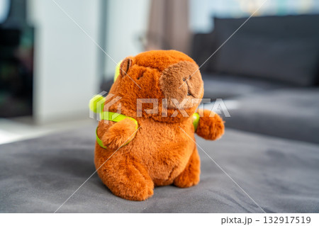 Close-up of a plush capybara toy isolated on a soft surface. Aesthetic representation of Gen Z comfort object and collectible pop culture trend. 132917519