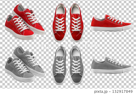 2 Set of plain red grey grey sneaker lace up sport-shoe sports shoe front, top side view on transparent background cutout, PNG file. Different angle Mockup template 132917849