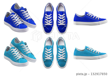 2 Set of plain dark light blue sneaker lace up sport-shoe sports shoe front, top side view on transparent background cutout, PNG file. Different angle Mockup template 132917850