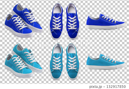 2 Set of plain dark light blue sneaker lace up sport-shoe sports shoe front, top side view on transparent background cutout, PNG file. Different angle Mockup template 132917850