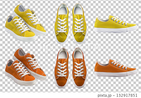2 Set of plain orange yellow sneaker lace up sport-shoe sports shoe front, top side view on transparent background cutout, PNG file. Different angle Mockup template 132917851