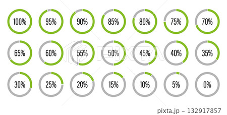 Green, grey and black color fill divided pie charts indicator layout. Round graph loading progress mockup. Percentage infographics elements collection. Circle diagrams icons for infographics from 0 to 132917857