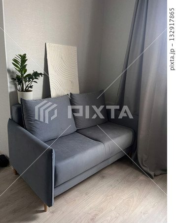 Cozy Gray Sofa in a Minimalist Room Cozy Gray Sofa in a Minimalist Room 132917865