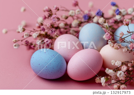 Colorful Eggs Surrounded by Flowers on a Soft...のイラスト素材 [132917973] - PIXTA