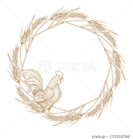 Wreath of weats and rooster. Vector ink styled handmade illustration. For packaging design, cards, cover, prints, product labels and fabric. Wreath of weats and rooster. Vector ink styled handmade illustration. For packaging design, cards, cover, prints, product labels and fabric. 132918766