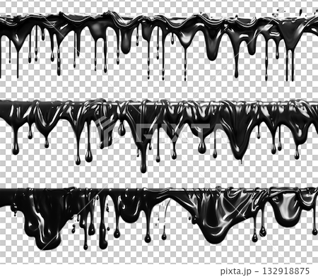 Set of long Wave black liquid paint splash melting dripping on transparent background cutout PNG file. Many assorted different design. Mockup template for artwork graphic design 132918875
