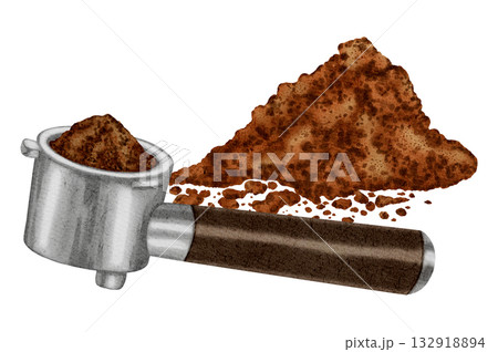 Watercolor filter with ground coffee and coffee beans. A set of watercolor illustrations for coffee shops, cafes, packaging, menus, and product design. 132918894