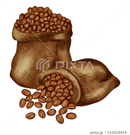 Watercolor illustration of a jute bag containing roasted coffee beans. Illustrations for coffee shops, cafes, packaging, menus, and product design. Watercolor illustration of a jute bag containing roasted coffee beans. Illustrations for coffee shops, cafes, packaging, menus, and product design. 132918934