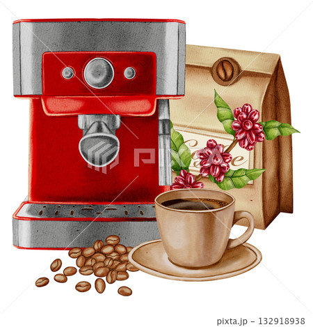 Watercolor illustration of a coffee machine with a cup, coffee beans, and a kraft bag of coffee. Illustrations for coffee shops, cafes, packaging, menus, and product design. 132918938