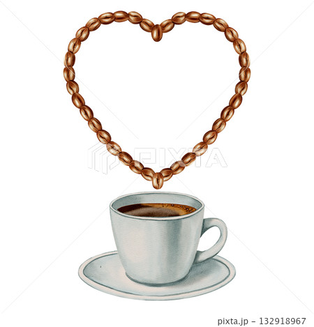Watercolor illustration of a heart made of roasted coffee beans and a cup of black coffee. Love for coffee. Heart. Illustrations for coffee shops, cafes, packaging, menus, and product design. 132918967