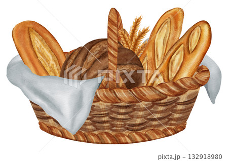 Watercolor illustration of a basket overflowing with different baked goods: dark and white bread, rolls, croissants, and muffins. Ideal for bakery menu, food packaging, cookbooks, recipes Watercolor illustration of a basket overflowing with different baked goods: dark and white bread, rolls, croissants, and muffins. Ideal for bakery menu, food packaging, cookbooks, recipes 132918980