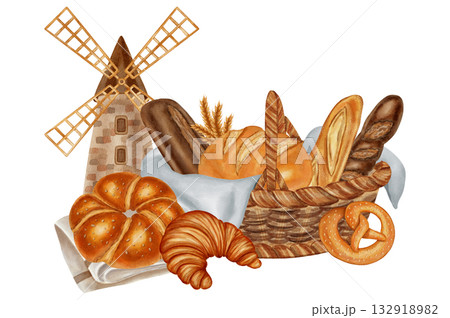 Watercolor Illustration: basket with assorted bread, a rustic mill, and a sack of flour. Perfect for comprehensive bakery and grain processing branding, menu, food packaging, cookbooks, recipes 132918982