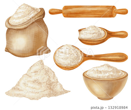 Watercolor Illustration set: flour in sack, spoon, and bowl, plus mill, wheat ears, and rolling pin, grain, wheat. Perfect for bakery branding, menu, food packaging, cookbooks, recipes Watercolor Illustration set: flour in sack, spoon, and bowl, plus mill, wheat ears, and rolling pin, grain, wheat. Perfect for bakery branding, menu, food packaging, cookbooks, recipes 132918984