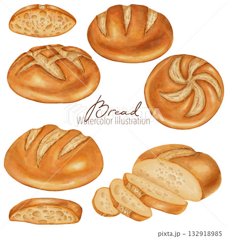 Watercolor Illustration set featuring assorted white bread types: baguette, sliced loaf, round loaf, and buns. Perfect for bakery branding, menu, food packaging, cookbooks, recipes Watercolor Illustration set featuring assorted white bread types: baguette, sliced loaf, round loaf, and buns. Perfect for bakery branding, menu, food packaging, cookbooks, recipes 132918985
