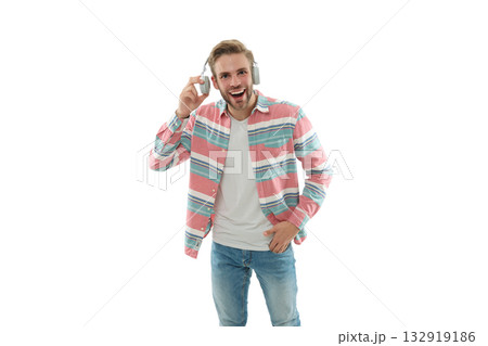Music style. Listen audio. Millennial man gen lifestyle. Lifestyle and music. Man listen music in audio headphones isolated on white. Modern millennial man lifestyle. Young guy fashion 132919186