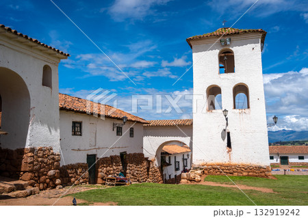 Colonial church in Chinchero, Peru, with white adobe bell tower Colonial church in Chinchero, Peru, with white adobe bell tower 132919242