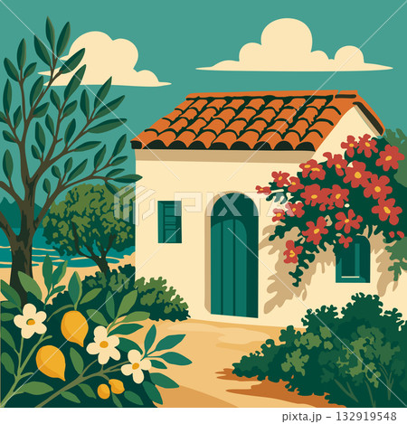 Traditional Greek house surrounded by garden with olive trees, lemon blossoms, and bougainvillea. Vector illustration in retro style 132919548