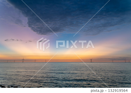 Sunset seascape at Miaoli with wind turbines in Taiwan. 132919564