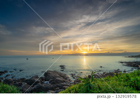 Magical sunrise over Keelung Islet and Waimushan coastline in Taiwan. 132919578
