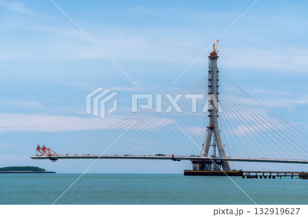 Blue Sky and White Clouds over the Tamsui Fisherman Wharf Bridge Taiwan. Blue Sky and White Clouds over the Tamsui Fisherman Wharf Bridge Taiwan. 132919627