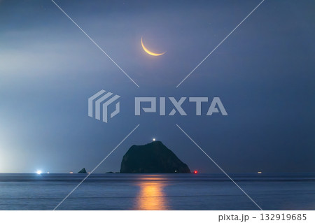 Crescent Moon Over Keelung Islet at Night, Keelung, Taiwan Summer Seascape. Crescent Moon Over Keelung Islet at Night, Keelung, Taiwan Summer Seascape. 132919685