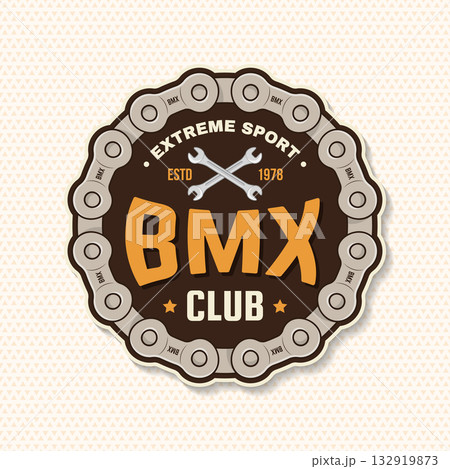 Bmx extreme sport club badge, patch, sticker. Vector. Concept for shirt, logo, print, stamp, tee with sprocket, chain. Vintage typography design with wrench and chain silhouette. 132919873