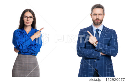 businesspeople working on business project and promoting by pointing finger on copy space isolated on white businesspeople working on business project and promoting by pointing finger on copy space isolated on white 132920077