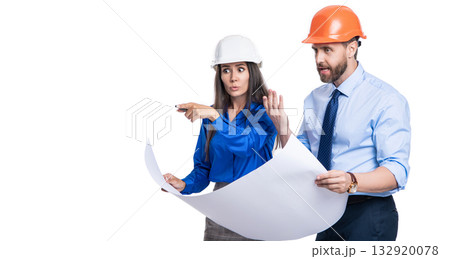 Architect planning work. Chief engineer and architect in hardhat isolated. Safety business. Data protection. Supervisor engineer with blueprint. Plan construction project. Expertise of creativity Architect planning work. Chief engineer and architect in hardhat isolated. Safety business. Data protection. Supervisor engineer with blueprint. Plan construction project. Expertise of creativity 132920078