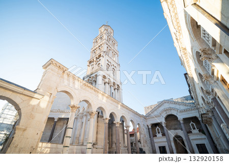 Split, Croatia, Palace of Diocletian in the old town, old ruins with a bell tower in the center Split, Croatia, Palace of Diocletian in the old town, old ruins with a bell tower in the center 132920158