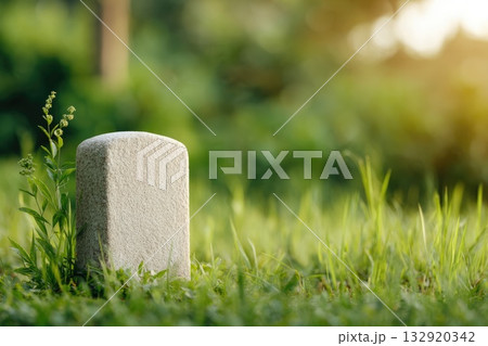 Minimalist gravestone in a peaceful green meadow at sunset 132920342