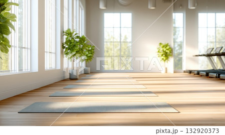 Modern Yoga Studio Interior with Morning Light 132920373