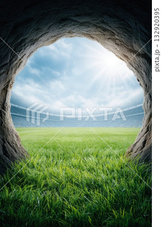 Bright sunny stadium view from tunnel 132920395