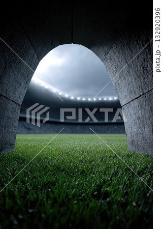 Dark stadium tunnel at night with lights 132920396