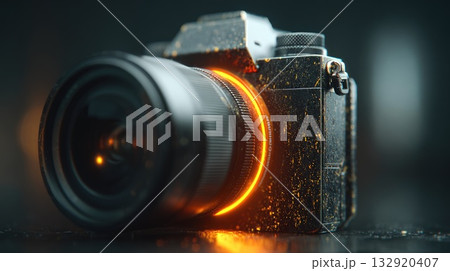 Artistic Portrait of Camera with Orange Neon Ring Light 132920407