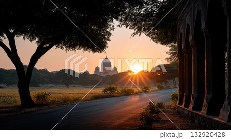 Taj Mahal at Sunrise Viewed from Garden Path Taj Mahal at Sunrise Viewed from Garden Path 132920428